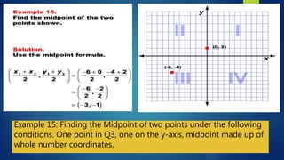 Example 15: Finding the Midpoint of two points under the following
conditions. One point in Q3, one on the y-axis, midpoint made up of
whole number coordinates.
 