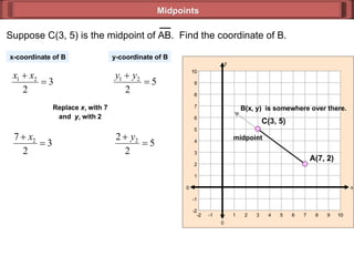 Midpoints x-coordinate of B y-coordinate of B Replace  x 1   with 7 and  y 1   with 2 B(x, y)  is somewhere over there. midpoint 0 y 0 x 10 -1 2 4 6 8 10 10 -1 2 4 6 8 10 -2 3 7 -2 1 5 9 1 9 3 -2 -2 5 7 Suppose C(3, 5) is the midpoint of AB.  Find the coordinate of B.  A(7, 2) C(3, 5) 