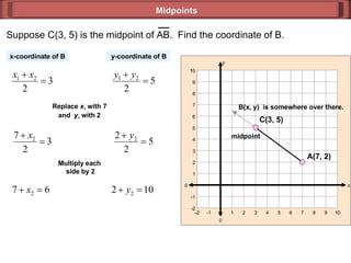 Midpoints x-coordinate of B y-coordinate of B Replace  x 1   with 7 and  y 1   with 2 Multiply each  side by 2 B(x, y)  is somewhere over there. midpoint 0 y 0 x 10 -1 2 4 6 8 10 10 -1 2 4 6 8 10 -2 3 7 -2 1 5 9 1 9 3 -2 -2 5 7 Suppose C(3, 5) is the midpoint of AB.  Find the coordinate of B.  A(7, 2) C(3, 5) 