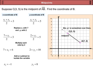 Midpoints x-coordinate of B y-coordinate of B Replace  x 1   with 7 and  y 1   with 2 Multiply each  side by 2 Add or subtract to isolate the variable B(x, y)  is somewhere over there. midpoint 0 y 0 x 10 -1 2 4 6 8 10 10 -1 2 4 6 8 10 -2 3 7 -2 1 5 9 1 9 3 -2 -2 5 7 Suppose C(3, 5) is the midpoint of AB.  Find the coordinate of B.  A(7, 2) C(3, 5) 