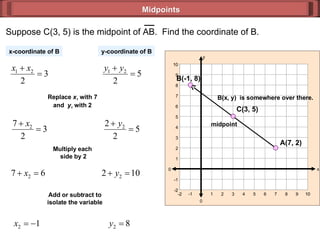 Midpoints x-coordinate of B y-coordinate of B Replace  x 1   with 7 and  y 1   with 2 Multiply each  side by 2 Add or subtract to isolate the variable B(x, y)  is somewhere over there. midpoint 0 y 0 x 10 -1 2 4 6 8 10 10 -1 2 4 6 8 10 -2 3 7 -2 1 5 9 1 9 3 -2 -2 5 7 Suppose C(3, 5) is the midpoint of AB.  Find the coordinate of B.  A(7, 2) B(-1, 8)  C(3, 5) 