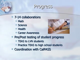 Progress 7-14 collaborations Math Science Health Career Awareness Pre/Post testing of student progress TEAS to LVN students Practice TEAS to high school students Coordination with CalPASS 
