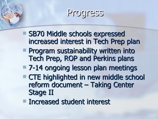 Progress SB70 Middle schools expressed increased interest in Tech Prep plan Program sustainability written into Tech Prep, ROP and Perkins plans 7-14 ongoing lesson plan meetings CTE highlighted in new middle school reform document – Taking Center Stage II Increased student interest 