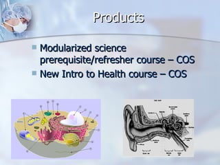 Products Modularized science prerequisite/refresher course – COS New Intro to Health course – COS  