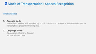 Mode of Transportation : Speech Recognition
What is needed
1. Acoustic Model
probabilistic models which makes try to build connection between voice utterances and its
transcriptions present in training data
2. Language Model
#monogram, #bigram, #trigram
not much in our case
 