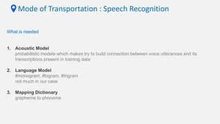 Mode of Transportation : Speech Recognition
What is needed
1. Acoustic Model
probabilistic models which makes try to build connection between voice utterances and its
transcriptions present in training data
2. Language Model
#monogram, #bigram, #trigram
not much in our case
3. Mapping Dictionary
grapheme to phoneme
 