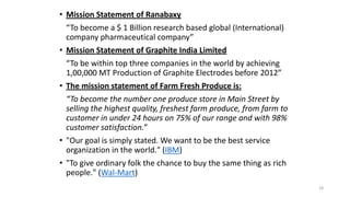 • Mission Statement of Ranabaxy

•

•

•

•

“To become a $ 1 Billion research based global (International)
company pharma...