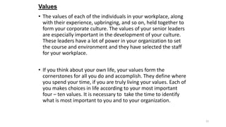 Values
• The values of each of the individuals in your workplace, along
with their experience, upbringing, and so on, held...
