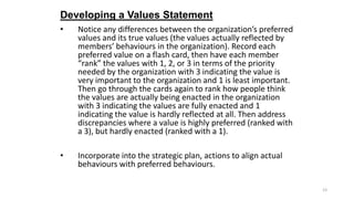 Developing a Values Statement
•

Notice any differences between the organization’s preferred
values and its true values (t...