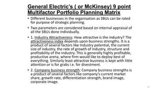 General Electric’s ( or McKinsey) 9 point
Multifactor Portfolio Planning Matrix
• Different businesses in the organisation...