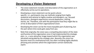 Developing a Vision Statement
•

The vision statement includes vivid description of the organization as it
effectively car...