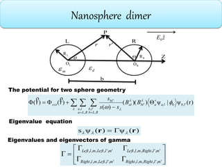 Nanosphere dimer
)r(ψ|ψ))((
)(
)r()r( '0'
,
,
,
',
'
b,la,lablal
RLa
la
RLb
lb
bl
ext BB
ss
s



 

 


   

The potential for two sphere geometry
Eigenvalue equation
)(ψ)(ψs rr  
Eigenvalues and eigenvectors of gamma









'',,,,,'',,,,,
'',,,,,'',,,,,
mlRightmlRightmlLeftmlRight
mlRightmlLeftmlLeftmlLeft
 
m d
'rr
LR
LO
RR
RO
b
L R
P
Z
zE ˆ0
 