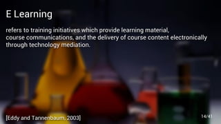 E Learning
refers to training initiatives which provide learning material,
course communications, and the delivery of course content electronically
through technology mediation.
[Eddy and Tannenbaum, 2003] 14/41
 