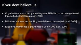 If you dont believe us..
• Organizations are currently spending over $16billion on technology-based
training [Industry training report, 2006]
• Millions of students are enrolling in web-based courses [Wirt et al.,2004]
• E-learning market has a growth rate of 35.6% [Wu et al., 2006]
16/41
 