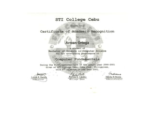 Certificate of Academic Recognition - Outstanding performance in Computer Fundamentals - Arman Ortega