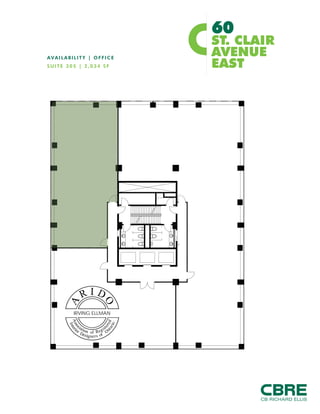60
                                                                  ST. CLAIR
AVAILABILITY | OFFICE
                                                                  AVENUE
SUITE 802 | 2,529 SF                                              EAST




Suite 802 – Mostly open area, boardroom, 2 offices, kitchen, whole north side of
building, very bright
 