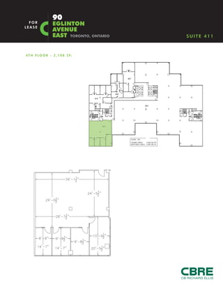FOR LEASE
  P R I M E YO N G E  E G L I N T O N O F F I C E S PA C E


F LO O R /                 Suite 990   -    2,097 SF                     A D D I T I O N A L R E N T:   Utilities  $3.71
AREA:                      Suite 980   -    2,349 SF L E A S E D         (2010 EST)                     Taxes      $6.49
                           Suite 970   -    3,494 SF L E A S E D                                        Operating $9.40
                           Suite 600   -    1,534 SF                                                     Total:   $19.60
                           Suite 620   -    1,974 SF L E A S E D
                                                                         P A R K I N G R AT I O :       1:850
                           Suite 500   -   10,860 SF
                           Suite 411   -    2,108 SF                     P A R K I N G R AT E :         Surface - $160
                           Total:          16,599 SF                                                    Underground - $160
                                                                                                        Tandem - $140
N E T R E N T:             $16.00 PSF/Yr**
                                                                         BUILDING HOURS:                8am - 6pm
 **Contact the listing team regarding tenant
 improvement allowance
                                                                         SECURITY:                      24/7


 90
                                                                                                        On Site Property
                                                                                                        Management

 EGLINTON
 AVENUE
 EAST                              PRIME LOCATION WITHIN THE YONGE AND EGLINTON CORRIDOR




    F O R M O R E I N F O R M AT I O N C O N TA C T:

   Jim Doty*                                  John Clare*           Brendan Sullivan*
   Vice President                             Vice President        Sales Associate
   416 847 3230                               416 847 3238          416 847 3262
   jim.doty@cbre.com                          john.clare@cbre.com   brendan.sullivan@cbre.com
   *Sales Representative
 
