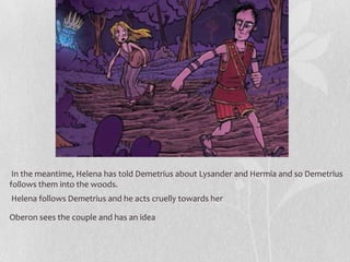 In the meantime, Helena has told Demetrius about Lysander and Hermia and so Demetrius
follows them into the woods.
Helena follows Demetrius and he acts cruelly towards her

Oberon sees the couple and has an idea
 