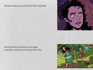 Hermia wakes up and cannot find Lysander.




Hermia thinks Demetrius has killed
Lysander, and she runs away from him.
 