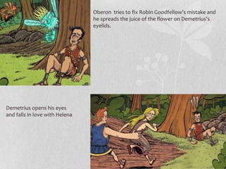 Oberon tries to fix Robin Goodfellow’s mistake and
                                he spreads the juice of the flower on Demetrius’s
                                eyelids.




Demetrius opens his eyes
and falls in love with Helena
 