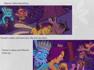 Oberon takes the prince.




Titania’s wakes and sees how silly she has been.




 Titania’s wakes and Oberon
 make up.
 