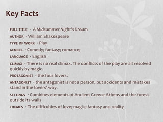 Key Facts
 FULL TITLE · A Midsummer Night’s Dream
 AUTHOR · William Shakespeare
 TYPE OF WORK · Play
 GENRES · Comedy; fantasy; romance;
 LANGUAGE · English
 CLIMAX · There is no real climax. The conflicts of the play are all resolved
 quickly by magic.
 PROTAGONIST · the four lovers.
 ANTAGONIST · the antagonist is not a person, but accidents and mistakes
 stand in the lovers’ way.
 SETTINGS · Combines elements of Ancient Greece Athens and the forest
 outside its walls
 THEMES · The difficulties of love; magic; fantasy and reality
 