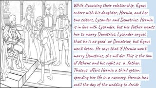 While discussing their relationship, Egeus
enters with his daughter, Hermia, and her
two suitors, Lysander and Demetrius. Hermia
is in love with Lysander, but her father wants
her to marry Demetrius. Lysander argues
that he is as good as Demetrius, but Egeus
won't listen. He says that if Hermia won't
marry Demetrius, she will die: This is the law
of Athens and his right as a father.
Theseus offers Hermia a third option:
spending her life in a nunnery. Hermia has
until the day of the wedding to decide .
 