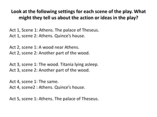 Look at the following settings for each scene of the play. What
   might they tell us about the action or ideas in the play?

Act 1, Scene 1: Athens. The palace of Theseus.
Act 1, scene 2: Athens. Quince’s house.

Act 2, scene 1: A wood near Athens.
Act 2, scene 2: Another part of the wood.

Act 3, scene 1: The wood. Titania lying asleep.
Act 3, scene 2: Another part of the wood.

Act 4, scene 1: The same.
Act 4, scene2 : Athens. Quince’s house.

Act 5, scene 1: Athens. The palace of Theseus.
 