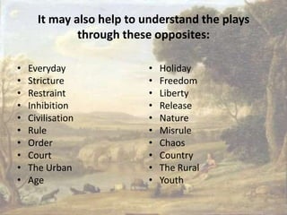 It may also help to understand the plays
              through these opposites:

•   Everyday              •   Holiday
•   Stricture             •   Freedom
•   Restraint             •   Liberty
•   Inhibition            •   Release
•   Civilisation          •   Nature
•   Rule                  •   Misrule
•   Order                 •   Chaos
•   Court                 •   Country
•   The Urban             •   The Rural
•   Age                   •   Youth
 