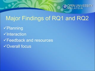 Major Findings of RQ1 and RQ2
Planning
Interaction
Feedback and resources
Overall focus
 