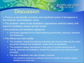 Discussion
There is a remarkable symmetry and significant points of divergence in
the students’ and facilitators’ views.
The students’ views on the facilitators’ approaches matched clearly with
what the facilitators viewed as their model.
The students and facilitators agreed on
     the factors important for an online learning environment, planning, feedback
      and resources.
The differences were subtle.
     The students’ viewed the learning outcomes and course outline as the vision
      document whereas the facilitators’ viewed them as guidelines.
     The students viewed interactions in the prism of course structure as an
      activity, whereas the facilitators viewed the interaction as a communication
      paradigm.
     The role of feedback was also similarly nuanced.
        • The facilitators preferred a scaffolded approach whereas the students viewed
          feedback as a score card.
 