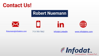 Contact Us!
Robert Neumann
Rneumann@infodatinc.com 713-785-7862 Infodat LinkedIn www.infodatinc.com
 