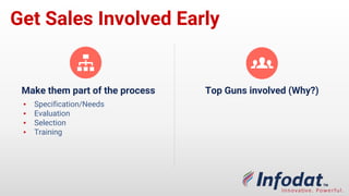 Get Sales Involved
Early
Make them part of the process
▪ Specification/Needs
▪ Evaluation
▪ Selection
▪ Training
Top Guns involved
(Why?)
 