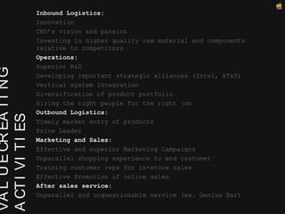 VALUE CREATING ACTIVITIES Inbound Logistics: Innovation CEO’s vision and passion Investing in higher quality raw material and components relative to competitors Operations: Superior R&D Developing important strategic alliances (Intel, AT&T)‏ Vertical system Integration Diversification of product portfolio Hiring the right people for the right job Outbound Logistics: Timely market entry of products Price Leader Marketing and Sales: Effective and superior Marketing Campaigns Unparallel shopping experience to end customer Training customer reps for in-store sales Effective Promotion of online sales After sales service: Unparallel and unquestionable service (ex. Genius Bar)‏ 