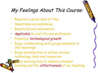 My Feelings About This Course: Requires a great deal of time Sometimes overwhelming Beneficial and informative Applicable  to real life and profession Promotes  technological growth Enjoy collaborating with group members in chat meetings Enjoy learning how to utilize various technology tools and resources Enjoy learning how to enhance student learning and the  effectiveness  of my teaching 