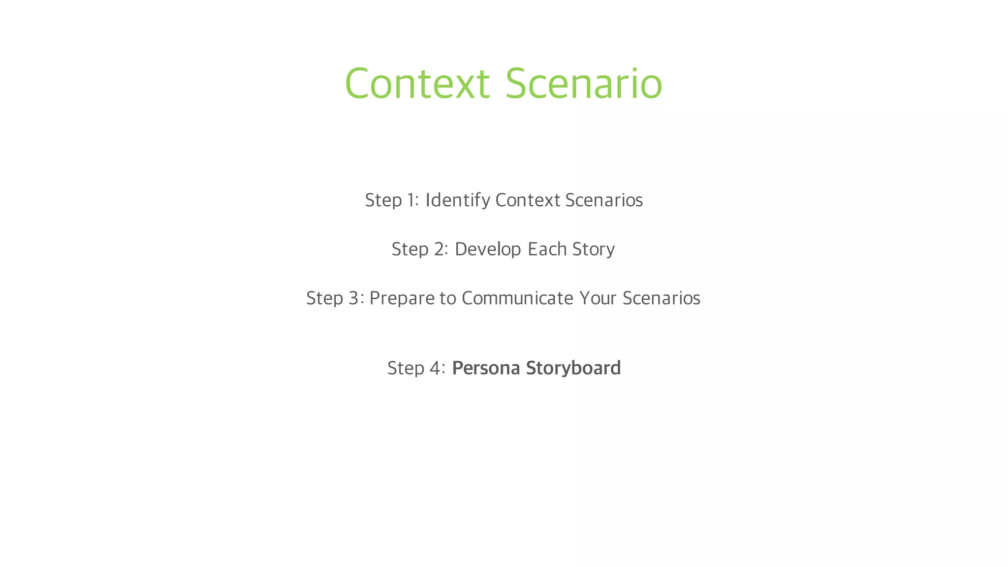 Context Scenario
Step 1: Identify Context Scenarios
Step 2: Develop Each Story
Step 3: Prepare to Communicate Your Scenarios
Step 4: Persona Storyboard
 