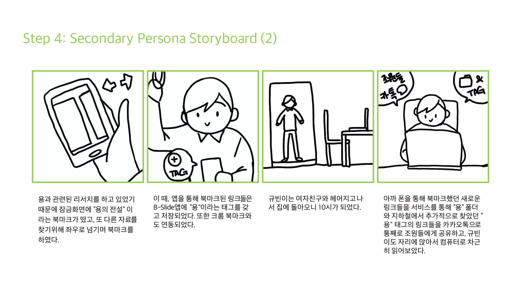 Step 4: Secondary Persona Storyboard (2)
용과 관련된 리서치를 하고 있었기
때문에 잠금화면에 “용의 전설” 이
라는 북마크가 떴고, 또 다른 자료를
찾기위해 좌우로 넘기며 북마크를
하였다.
이 때, 앱을 통해 북마크된 링크들은
B-Slide앱에 “용"이라는 태그를 갖
고 저장되었다. 또한 크롬 북마크와
도 연동되었다.
규빈이는 여자친구와 헤어지고나
서 집에 돌아오니 10시가 되었다.
아까 폰을 통해 북마크했던 새로운
링크들을 서비스를 통해 “용” 폴더
와 지하철에서 추가적으로 찾았던 “
용" 태그의 링크들을 카카오톡으로
통째로 조원들에게 공유하고, 규빈
이도 자리에 앉아서 컴퓨터로 차근
히 읽어보았다.
 