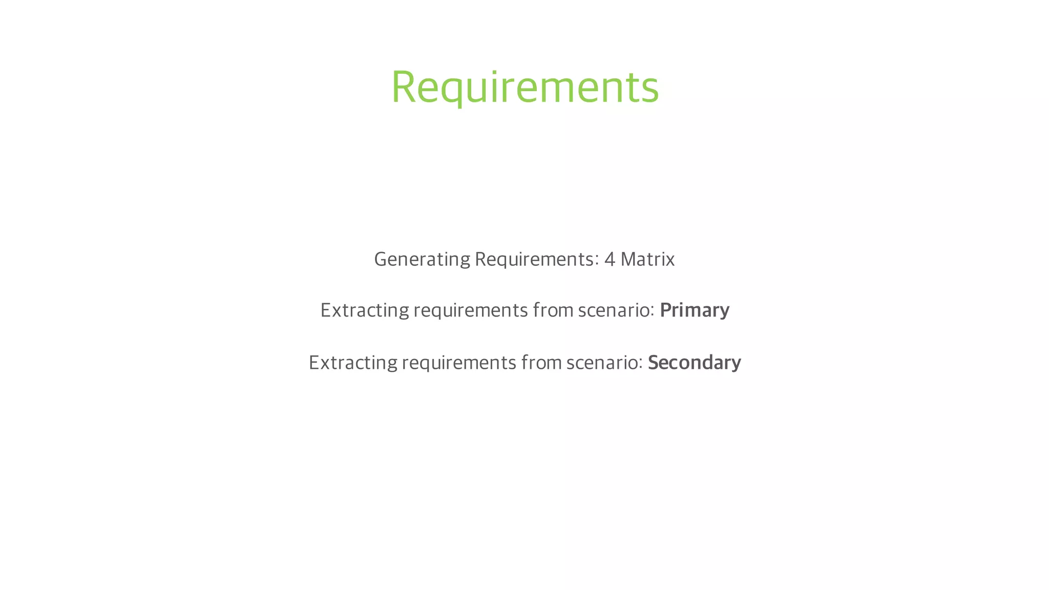 Requirements
Generating Requirements: 4 Matrix
Extracting requirements from scenario: Primary
Extracting requirements from scenario: Secondary
 