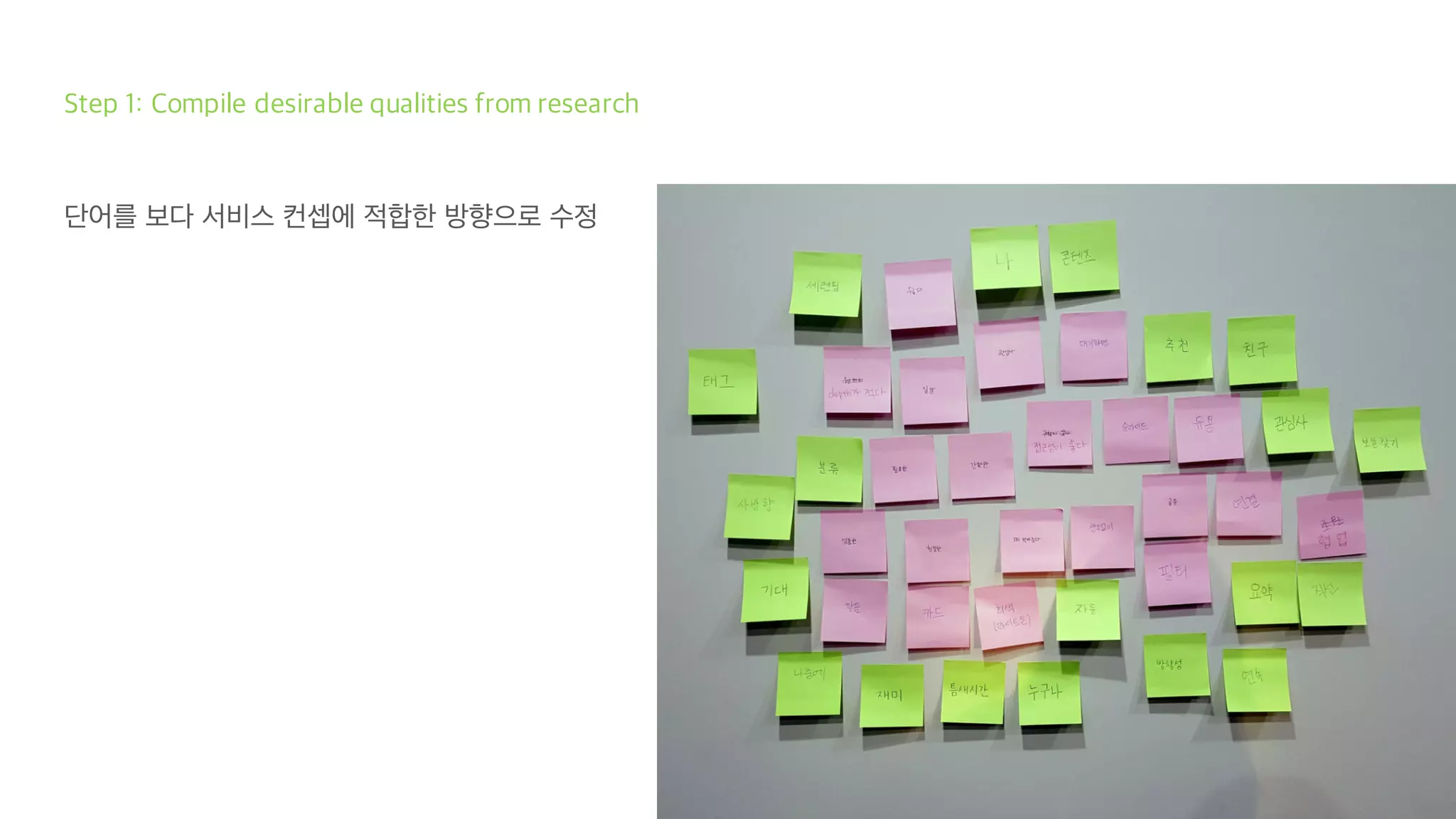 Step 1: Compile desirable qualities from research
단어를 보다 서비스 컨셉에 적합한 방향으로 수정
 