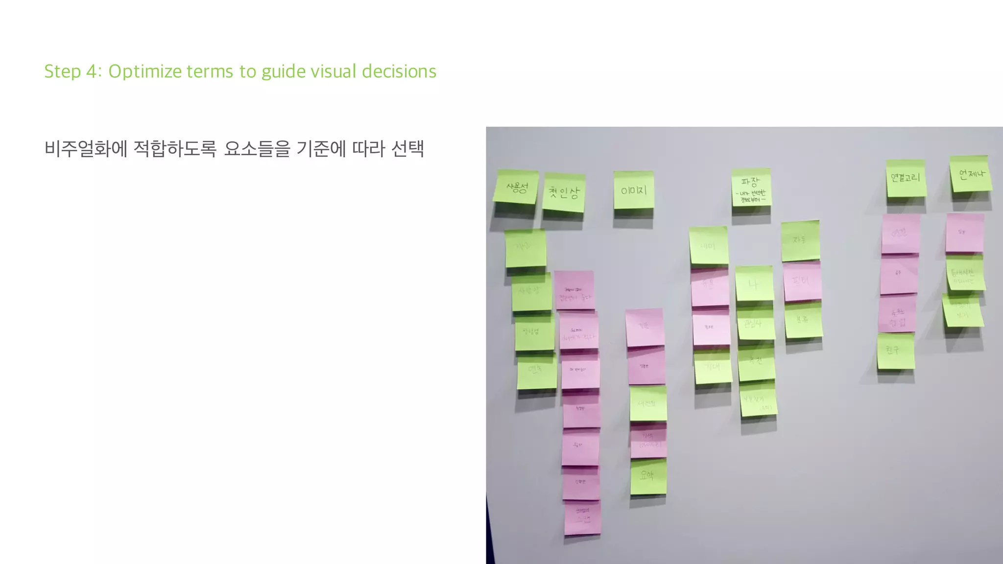 Step 4: Optimize terms to guide visual decisions
비주얼화에 적합하도록 요소들을 기준에 따라 선택
 