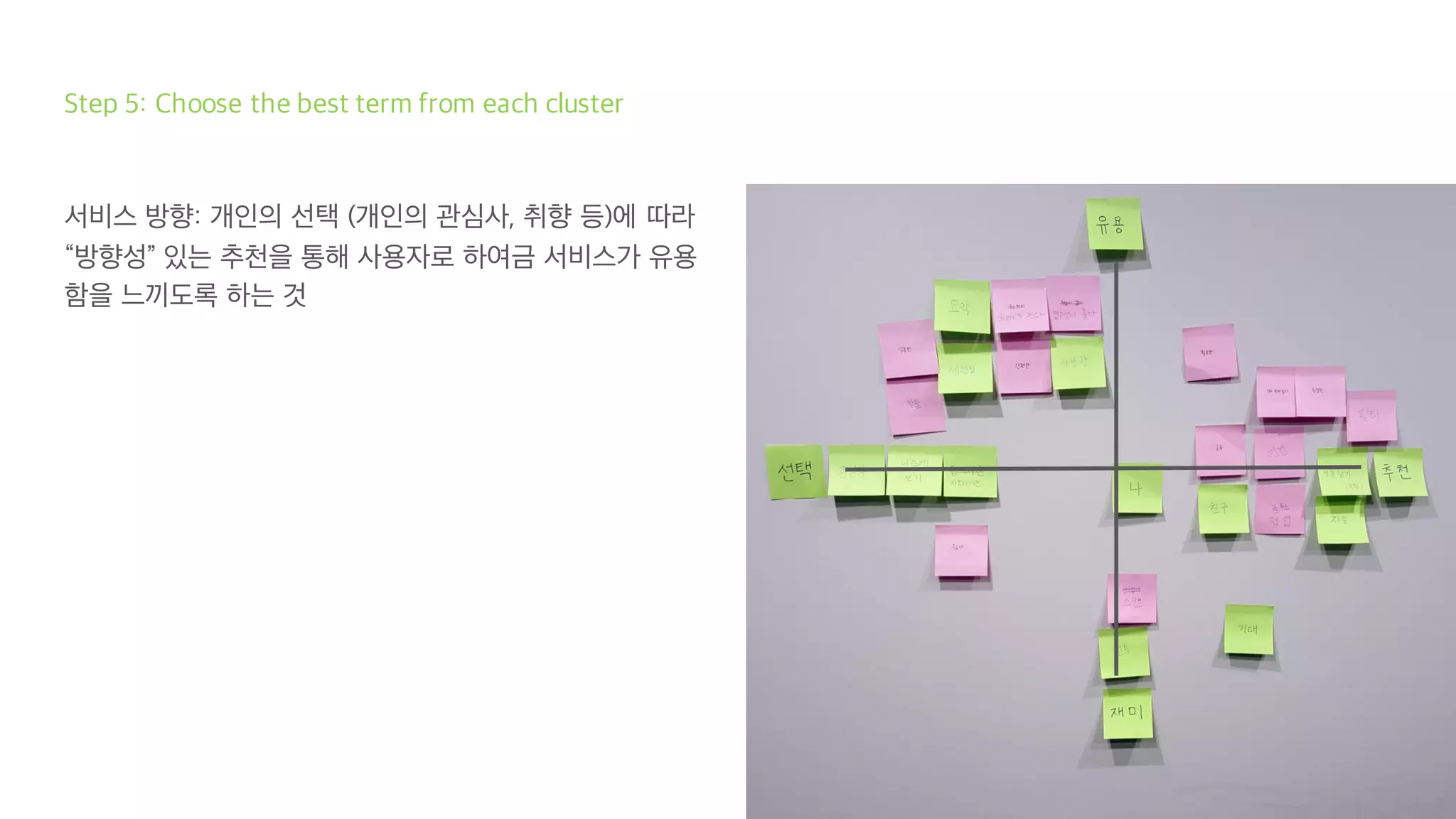 Step 5: Choose the best term from each cluster
서비스 방향: 개인의 선택 (개인의 관심사, 취향 등)에 따라
“방향성” 있는 추천을 통해 사용자로 하여금 서비스가 유용
함을 느끼도록 하는 것
 