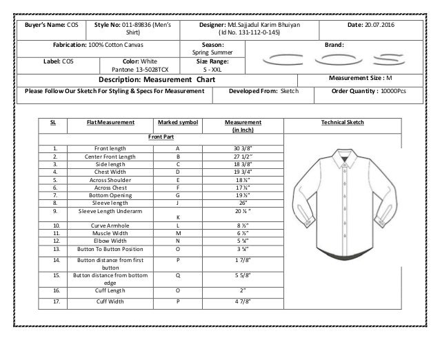 spec sheet of shirt specification sheet