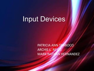Input Devices
PATRICIA ANN TRABOCO
ARCHIE L. REYES
MARK NATHAN HERNANDEZ
 