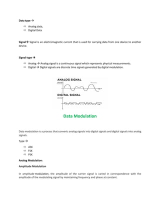 Data type 
 Analog data,
 Digital Data
Signal Signal is an electromagnetic current that is used for carrying data from one device to another
device.
Signal type 
 Analog  Analog signal is a continuous signal which represents physical measurements.
 Digital  Digital signals are discrete time signals generated by digital modulation.
Data Modulation
Data modulation is a process that converts analog signals into digital signals and digital signals into analog
signals.
Type 
 ASK
 FSK
 PSK
Analog Modulation:
Amplitude Modulation
In amplitude modulation, the amplitude of the carrier signal is varied in correspondence with the
amplitude of the modulating signal by maintaining frequency and phase at constant.
 
