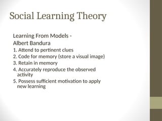 Social Learning Theory
Learning From Models -
Albert Bandura
1. Attend to pertinent clues
2. Code for memory (store a visual image)
3. Retain in memory
4. Accurately reproduce the observed
activity
5. Possess sufficient motivation to apply
new learning
 