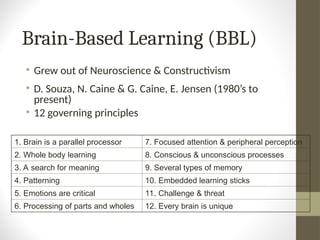 Brain-Based Learning (BBL)
• Grew out of Neuroscience & Constructivism
• D. Souza, N. Caine & G. Caine, E. Jensen (1980’s to
present)
• 12 governing principles
1. Brain is a parallel processor 7. Focused attention & peripheral perception
2. Whole body learning 8. Conscious & unconscious processes
3. A search for meaning 9. Several types of memory
4. Patterning 10. Embedded learning sticks
5. Emotions are critical 11. Challenge & threat
6. Processing of parts and wholes 12. Every brain is unique
 