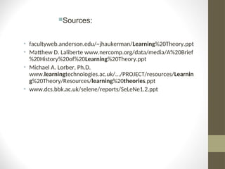 • facultyweb.anderson.edu/~jhaukerman/Learning%20Theory.ppt
• Matthew D. Laliberte www.nercomp.org/data/media/A%20Brief
%20History%20of%20Learning%20Theory.ppt
• Michael A. Lorber, Ph.D.
www.learningtechnologies.ac.uk/.../PROJECT/resources/Learnin
g%20Theory/Resources/learning%20theories.ppt
• www.dcs.bbk.ac.uk/selene/reports/SeLeNe1.2.ppt
Sources:
 
