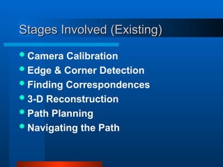 Stages Involved (Existing)
Stages Involved (Existing)
Camera Calibration
Edge & Corner Detection
Finding Correspondences
3-D Reconstruction
Path Planning
Navigating the Path
 