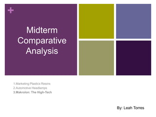 +
Midterm
Comparative
Analysis
1.Marketing Plastics Resins
2.Automotive Headlamps
3.Makrolon: The High-Tech
By: Leah Torres
 