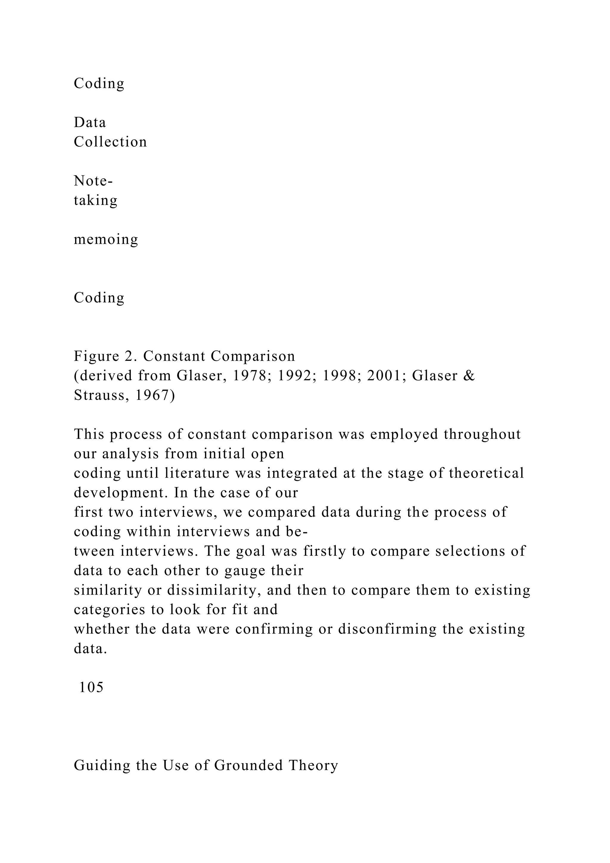 Coding
Data
Collection
Note-
taking
memoing
Coding
Figure 2. Constant Comparison
(derived from Glaser, 1978; 1992; 1998; 2001; Glaser &
Strauss, 1967)
This process of constant comparison was employed throughout
our analysis from initial open
coding until literature was integrated at the stage of theoretical
development. In the case of our
first two interviews, we compared data during the process of
coding within interviews and be-
tween interviews. The goal was firstly to compare selections of
data to each other to gauge their
similarity or dissimilarity, and then to compare them to existing
categories to look for fit and
whether the data were confirming or disconfirming the existing
data.
105
Guiding the Use of Grounded Theory
 